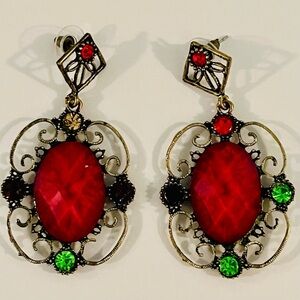 Vintage-Inspired Red and Green Gemstone Earrings